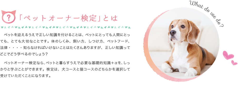 ペットオーナー検定とは　ペットを迎えるうえで正しい知識を付けることは、ペットにとっても人間にとっても、とても大切なことです。体のしくみ、飼い方、しつけ方、ペットフード、法律・・・・知らなければいけないことはたくさんありますが、正しい知識ってどこでどう学べるのでしょう？ペットオーナー検定なら、ペットと暮らすうえで必要な基礎的知識＋αを、クイズ感覚で楽しく学ぶことができます。検定は、犬コースと猫コースのどちらかを選択して受けていただくことになります。